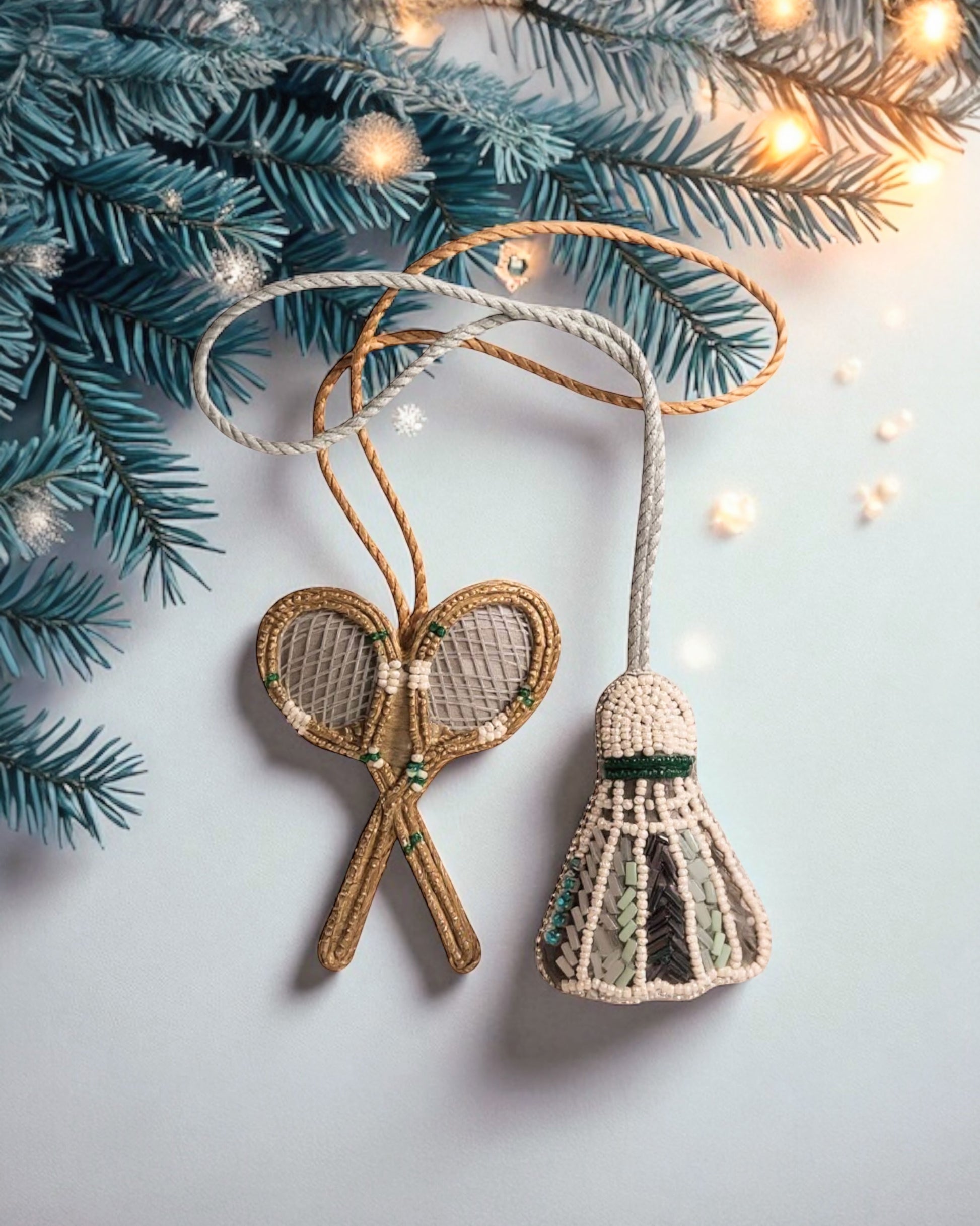 Decorative badminton racket and shuttlecock ornament hanging on a branch with lights.